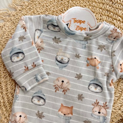 Conj. Body Manga Longa de Plush e Calça Peluciada Bichinhos do Inverno - Cinza 